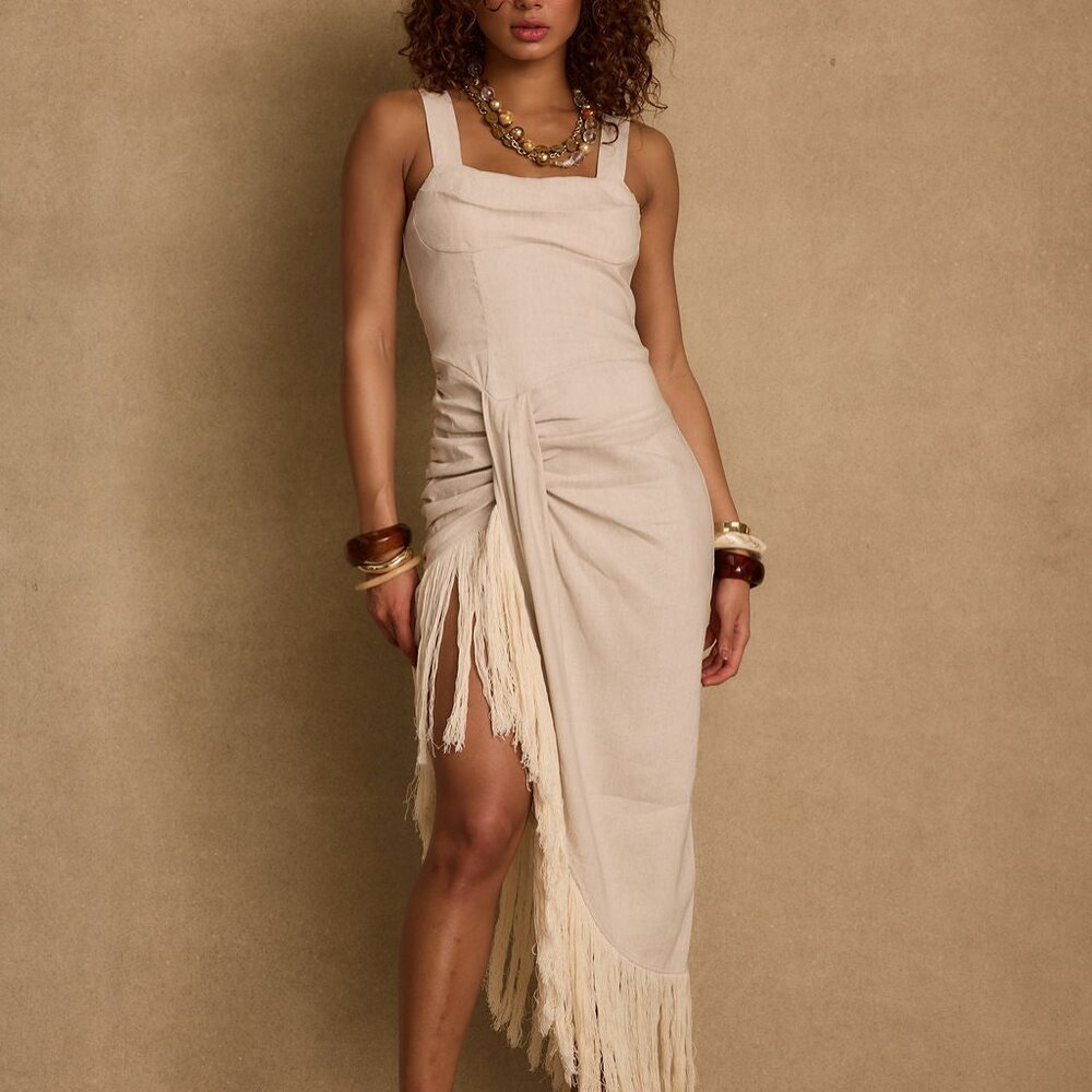 12th Tribe Serenade Beige Linen Wrap Midi Dress Size MM